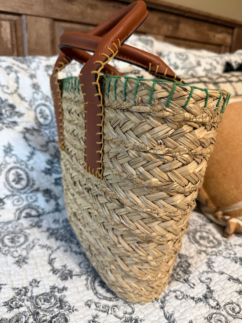 Universal Thread Natural Straw Tote with Brown Handles and Green Trim Like New ! - Picture 5 of 11